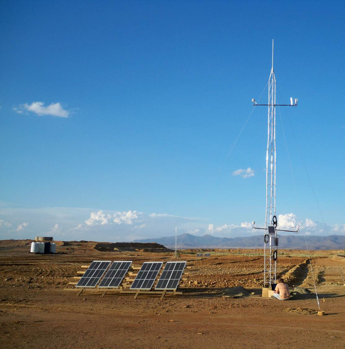 10-meter dust flux tower (1 of 2) designed to measure meteorological parameters and vertical dust fluxes from the contaminated tailings.