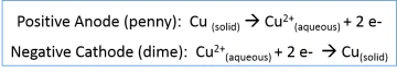 When electric current is supplied to the anode (penny) via the positive terminal of the battery, copper atoms are oxidized to form cations with a positive charge (Cu 2+). The cations are set free in the electrolyte solution and are attracted to the cathod