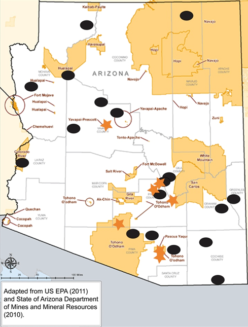 Major mines (black ovals), major mines on tribal land (orange stars), and tribal reservations (light orange areas) in Arizona.