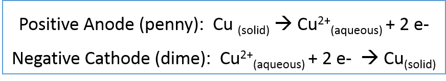 When electric current is supplied to the anode (penny) via the positive terminal of the battery, copper atoms are oxidized to form cations with a positive charge (Cu 2+). The cations are set free in the electrolyte solution and are attracted to the cathod