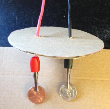 Figure 2. Complete wire assembly: red and black wires pushed through cardboard with alligator clips attached and coins inserted.