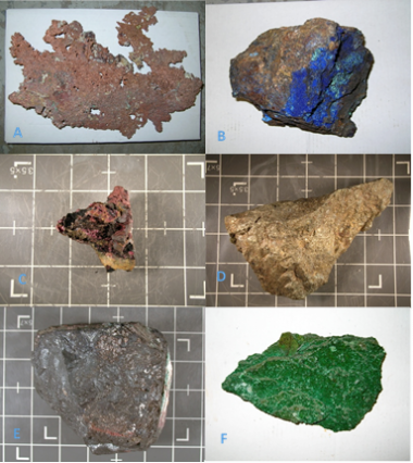 The different forms of copper. A) Native copper; B) Azurite; C) Cuprite; D) Chalcopyrite; E) Chalcocite; and F) Malachite. Photo Credit: Arizona Geological Survey.